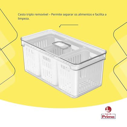 Imagem de Organizador de Geladeira em Acrílico com Cesto Triplo e Tampa 5 Litros Clear Fresh OU