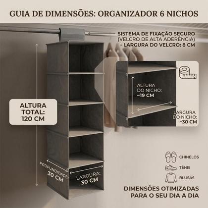 Imagem de Organizador de Guarda-Roupa com 6 Prateleiras e Divisórias Grande  120cm 6 Nichos Sapateira e Porta-Objetos Closet