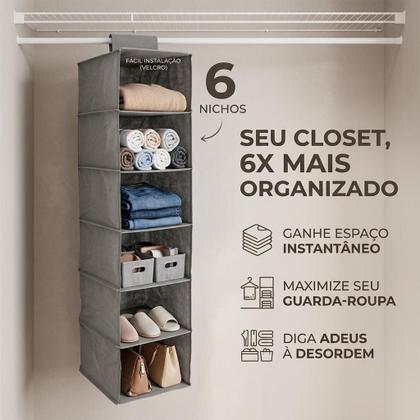 Imagem de Organizador de Guarda-Roupa com 6 Prateleiras e Divisórias Grande  120cm 6 Nichos Sapateira e Porta-Objetos Closet
