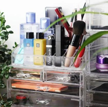 Imagem de Organizador de Maquiagem Acrílico com 3 Gavetas e 16 Nichos - Porta Pincéis e Batom