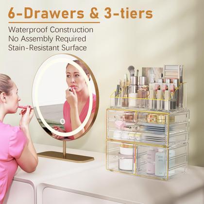 Imagem de Organizador de maquiagem Delamu de acrílico de 3 camadas com 6 gavetas transparentes