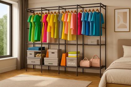 Imagem de Organizador de Roupas 4 Colunas em Aço Inox Closet Aberto com Arara Cabideiro e Prateleiras Irsina