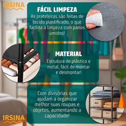 Imagem de Organizador de Roupas 4 Colunas em Aço Inox Closet Aberto com Arara Cabideiro e Prateleiras Irsina