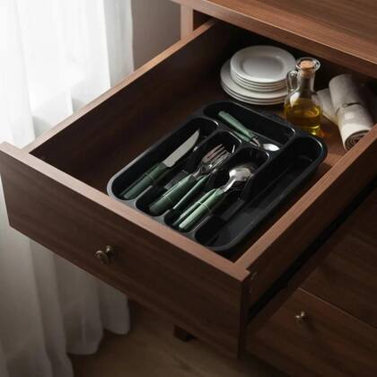 Imagem de Organizador de Talheres para Gaveta Preto Porta Utensílios 5 divisórias Porta Utensílios para Gaveta de Cozinha Separador de talheres