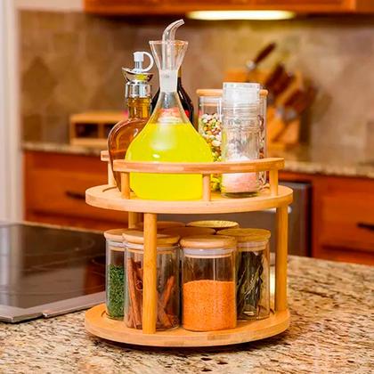 Imagem de Organizador Giratório Bambu 2 Andares Para Cozinha Armário
