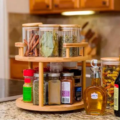 Imagem de Organizador Giratório Bambu 2 Andares Para Cozinha Armário