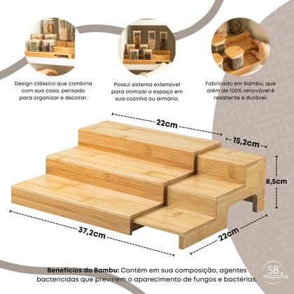 Imagem de Organizador Multinível Extensível De Dispensa Temperos Condimentos Bancada Armário Multiuso Keep Ou - Bambu