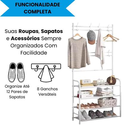 Imagem de Organizador Multiuso 4 Andares Cabideiro Sapateira 12 Pares 8 Ganchos e Prateleiras de Alta Resistência