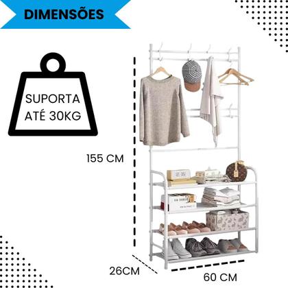 Imagem de Organizador Multiuso 4 Andares Cabideiro Sapateira 12 Pares 8 Ganchos e Prateleiras de Alta Resistência