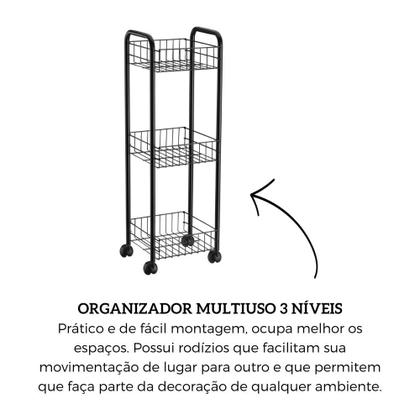 Imagem de Organizador Multiuso Preto 3 Níveis Prateleira Com Rodinhas  Ref:256Pt