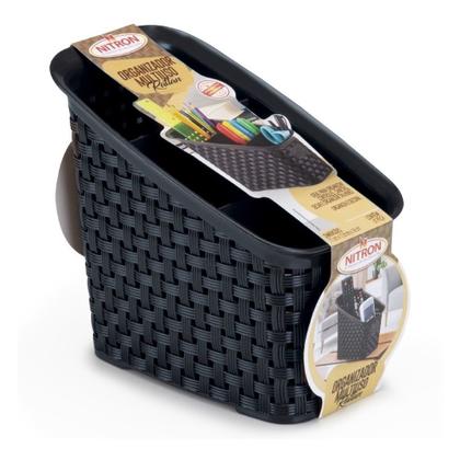 Imagem de Organizador Multiuso Rattan Preto C/ Divisórias 18x11x16 Cm