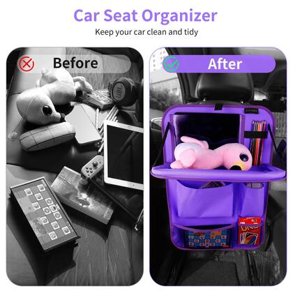 Imagem de Organizador para Assento Traseiro de Carro LUCMO com Suporte para Tablet - 2 Peças, 6 Bolsos de Armazenamento, Organizador com Bandeja Dobrável, Protetores contra Chutes, Acessórios para Viagem - Roxo Escuro