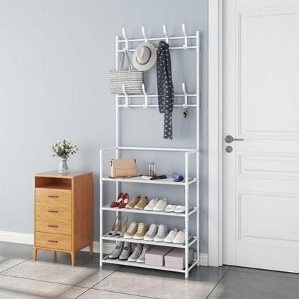 Imagem de Organizador roupas sapatos cabideiro sapateira multifuncional 4 prateleiras rack porta treco brinquedos arara 8 ganchos