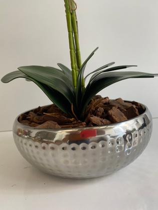 Imagem de Orquídea  Artificial Branca Arranjo Decorativo Vaso de Metal Inox  - Infiny