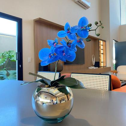 Imagem de Orquídea Azul Artificial Arranjo no Vaso Espelhado Flores Permanentes