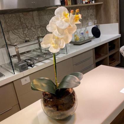 Imagem de Orquídea Branca Artificial Arranjo no Vaso Transparente Flores Permanentes
