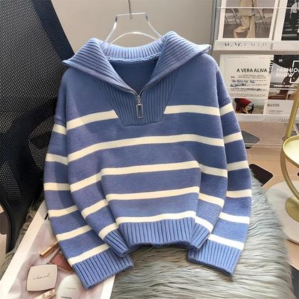 Imagem de Outono inverno moda listrado com zíper lapela manga longa solta casual camisola de malha para mulher