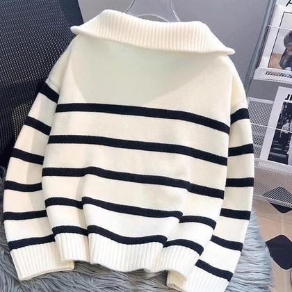 Imagem de Outono inverno moda listrado com zíper lapela manga longa solta casual camisola de malha para mulher