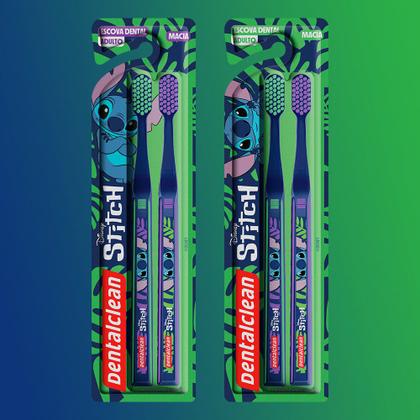 Imagem de Pack 2 Escovas de Dente Cerdas Macia Lilo e Stitch Adulto Soft Azul Roxo Dentalclean