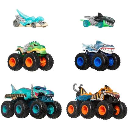 Imagem de Pack 6 Hot Wheels - 1:64 - Tubarões vs Dinossauros - Monster Trucks Power Smashers - JGD68
