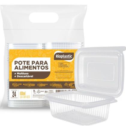 Imagem de Pacote 24un Pote Retangular c/ Tampa 400ml Natural - RIO PLASTIC