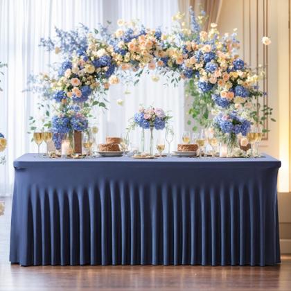 Imagem de Pacote com 2 toalhas de mesa, elastano, azul marinho, ajustado em retângulo de 8 pés