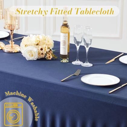 Imagem de Pacote com 2 toalhas de mesa, elastano, azul marinho, ajustado em retângulo de 8 pés