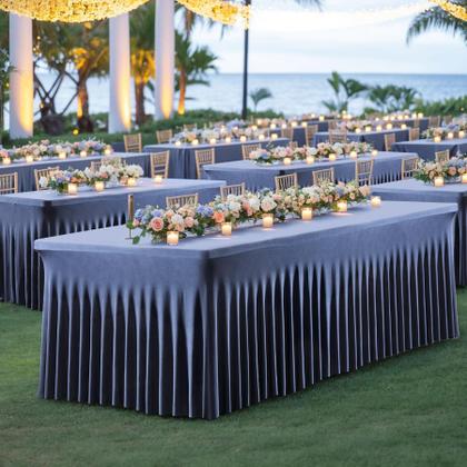 Imagem de Pacote com 2 toalhas de mesa, elastano, azul marinho, ajustado em retângulo de 8 pés