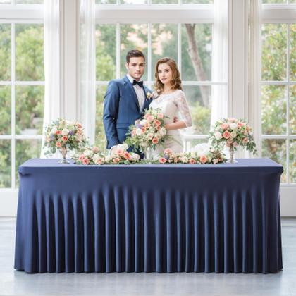 Imagem de Pacote com 2 toalhas de mesa, elastano, azul marinho, ajustado em retângulo de 8 pés