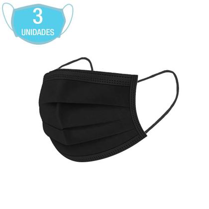 Imagem de Pacote Com 3 Máscaras Descartáveis Preta Para Proteção E Higiene De Rosto Com Elástico Preto E Clip Nasal