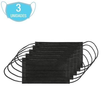 Imagem de Pacote Com 3 Máscaras Descartáveis Preta Para Proteção E Higiene De Rosto Com Elástico Preto E Clip Nasal