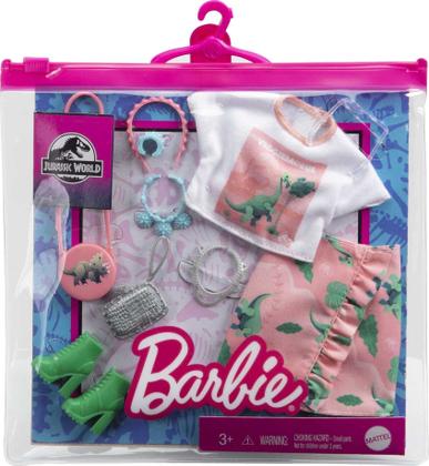 Imagem de Pacote de moda Barbie Fashions Storytelling - camisa branca com dinossauro, saia rosa com dinossauros - inspirado na popular marca Roxy, visual completo com roupas e acessórios, presente para crianças de 3 a 8 anos