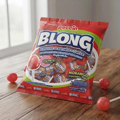 Imagem de Pacote Pirulito Blong Com Recheio de Chicle Sabor Morango 672g
