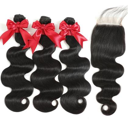 Imagem de Pacotes de cabelo com fecho YIBUSI 12A Brazilian Body Wave 3x18 20 22 + 16 HD Lace