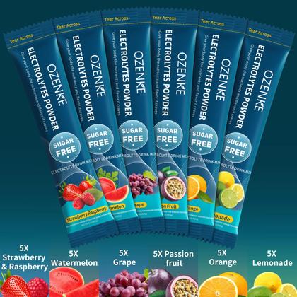 Imagem de Pacotes de eletrólitos em pó OZENKE 30 Sticks Hydration 6 Flavors