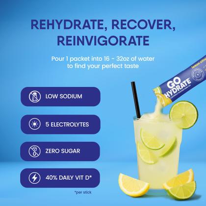 Imagem de Pacotes de hidratação em pó GoHydrate com baixo teor de sódio e limão, pacote com 30