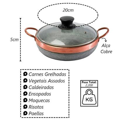 Imagem de Paella Pedra Sabão Alça de Cobre com Tampa de Vidro P 20x5cm