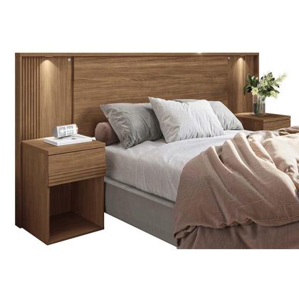 Imagem de Painel Cama Box Madeirado Casal Bourbon c/ 2 Mesas 2 Gavetas e Leds Jatobá - Santos Andirá