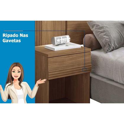 Imagem de Painel Cama Box Madeirado Casal Bourbon c/ 2 Mesas 2 Gavetas e Leds Jatobá - Santos Andirá