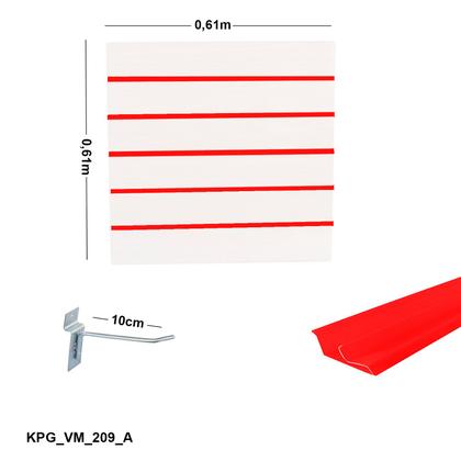 Imagem de Painel Canaletado Branco em Mdf 0,61 x 0,61m com Perfil Pvc Vermelho e 10 Ganchos de 10cm Zincado