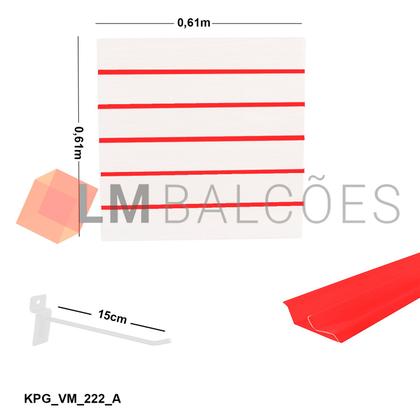 Imagem de Painel Canaletado Branco em Mdf 0,61 x 0,61m com Perfil Pvc Vermelho e 20 Ganchos de 15cm Branco