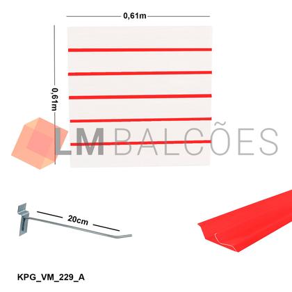 Imagem de Painel Canaletado Branco em Mdf 0,61 x 0,61m com Perfil Pvc Vermelho e 20 Ganchos de 20cm Zincado