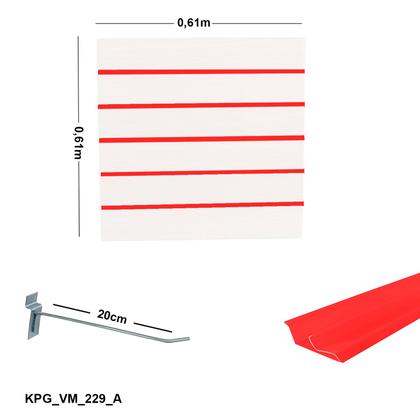 Imagem de Painel Canaletado Branco em Mdf 0,61 x 0,61m com Perfil Pvc Vermelho e 20 Ganchos de 20cm Zincado