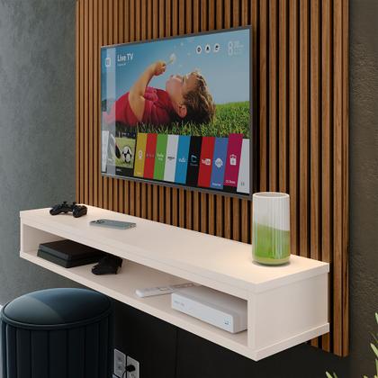 Imagem de Painel Cissa Tv 32 36 39 40 42 46 47 50 Polegadas Prateleira Inferior Nicho Decorativo Suspenso Quarto Sala - Ripado Freijó/Off White - RPM Móveis