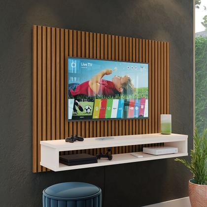 Imagem de Painel Cissa Tv 32 36 39 40 42 46 47 50 Polegadas Prateleira Inferior Nicho Decorativo Suspenso Quarto Sala - Ripado Freijó/Off White - RPM Móveis