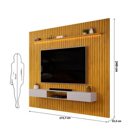 Imagem de Painel com Bancada para TV até 75 Polegadas Ripado com LED DJ Móveis Trento 275 Cedro Bali