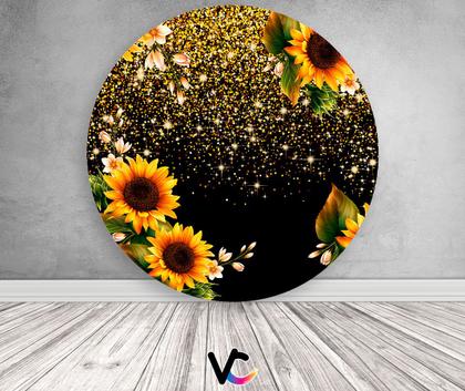 Imagem de Painel De Festa Redondo 1,50x1,50 - Preto Efeito Glitter Dourado e Girassóis 009