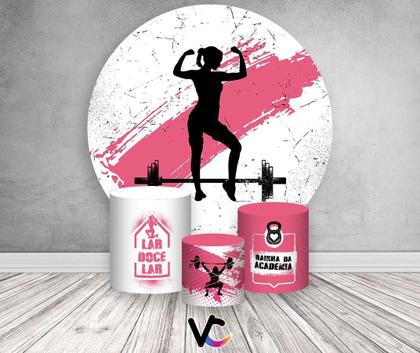 Imagem de Painel De Festa Redondo 1,50x1,50 + Trio De Capas Cilindro - Academia Rosa 012