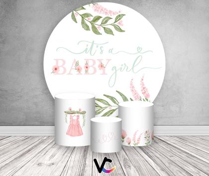 Imagem de Painel De Festa Redondo 1,50x1,50 + Trio De Capas Cilindro - Chá de Bebê It's a Girl Rosa 063