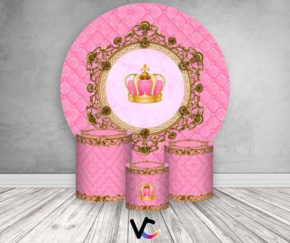 Imagem de Painel De Festa Redondo 1,50x1,50 + Trio De Capas Cilindro - Coroa Realeza Rosa 004
